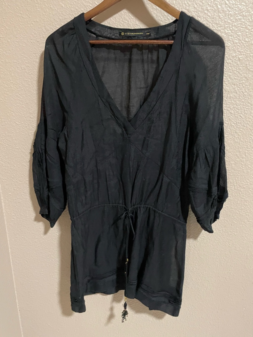 Women's Black V-Neck Swim Coverup Tunic with Drawstring